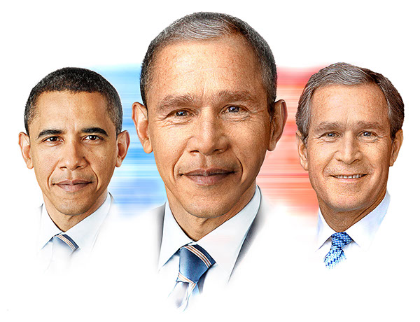 Presidents Obama and Bush mashup illustration by John Kuczala