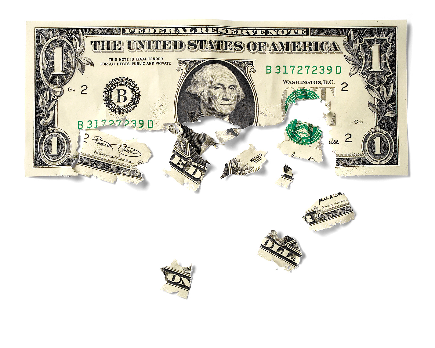 Disintegrating dollar bill photo-illustration by John Kuczala